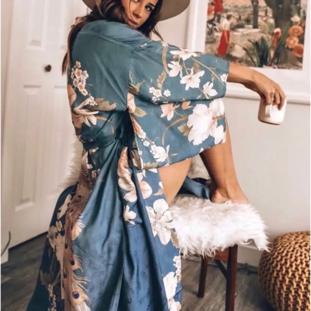 Bohemian Long Blue Floral Peacock Kimono Duster Robe - Picture 3 of 12